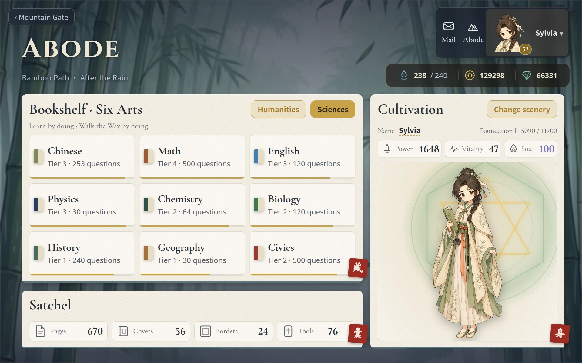 The Abode: a bookshelf of the Six Arts across nine subjects, cultivation stats, and the student's character