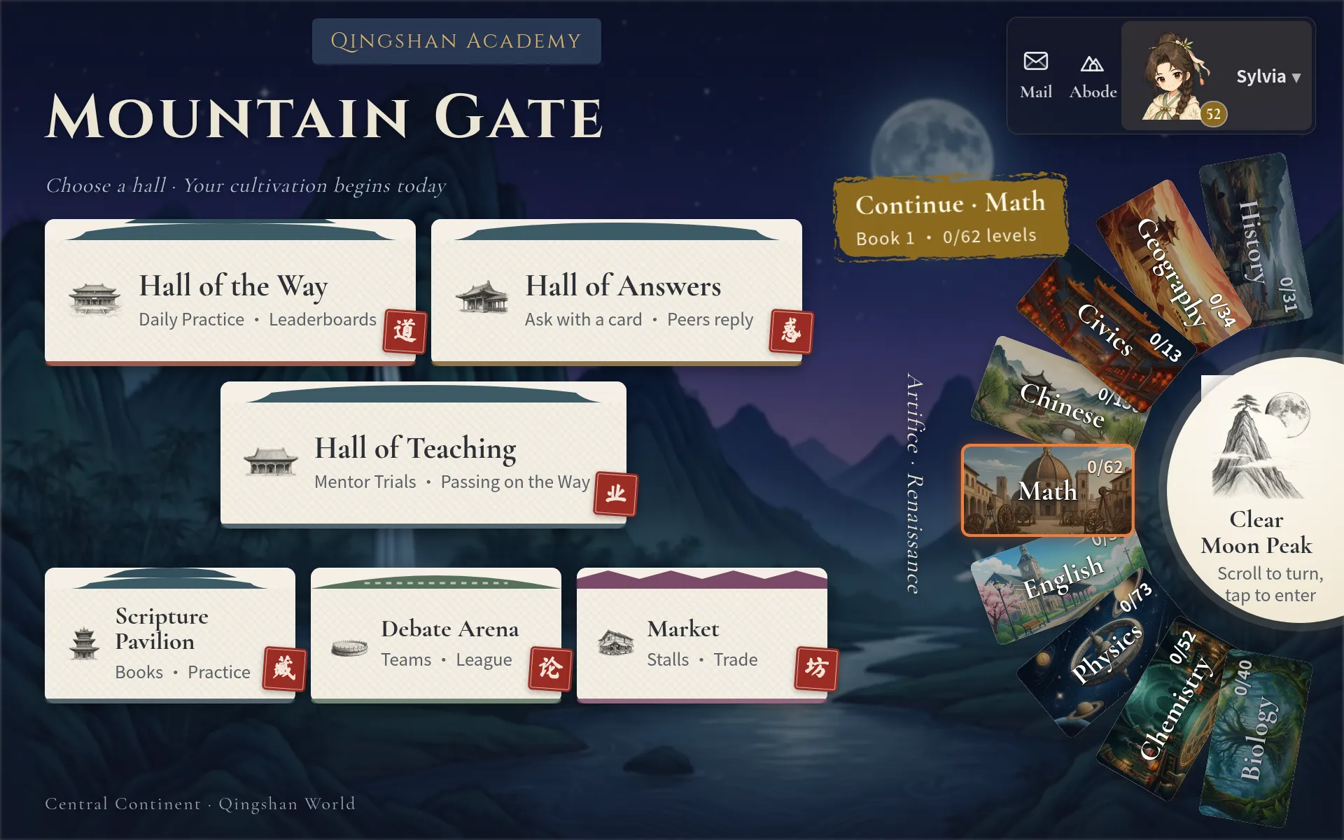 littleWhale's Mountain Gate: halls for daily practice, questions, and team battles, with a wheel of nine subject worlds